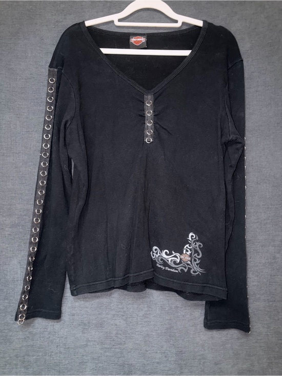 Harley-Davidson Tops - Harley-Davidson Black Long-Sleeve V-Neck Top with Eyelet Sleeve Detail